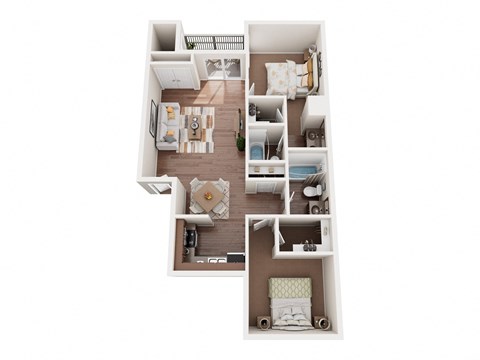 a stylized floor plan with a bedroom and living room